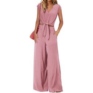 Women’s 2 Piece V-Neck Crop Top & Wide Leg Pants Set